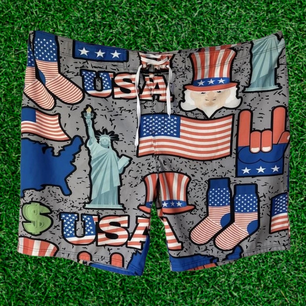 USA Statue of Liberty 4 Of July Print All Over Swim Trunks Shorts Mens 4XL Relax
